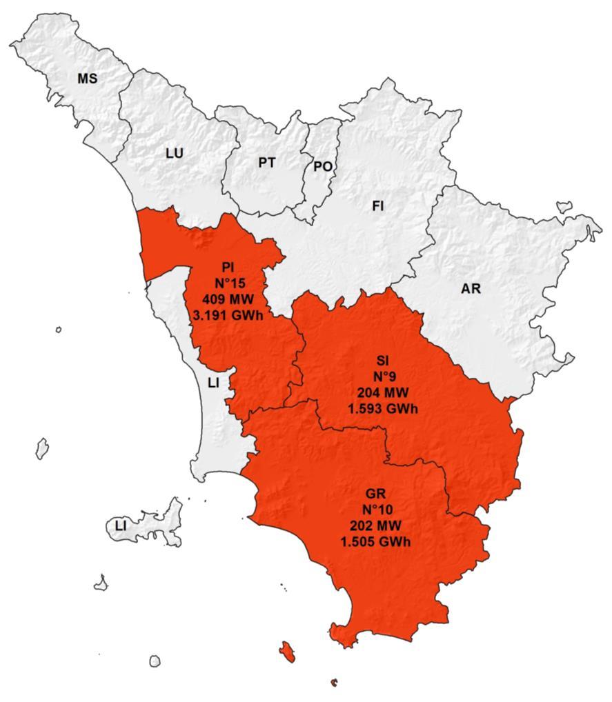 3.6.3. Distribuzione provinciale degli impianti geotermoelettrici nel 2016 Regione Toscana N