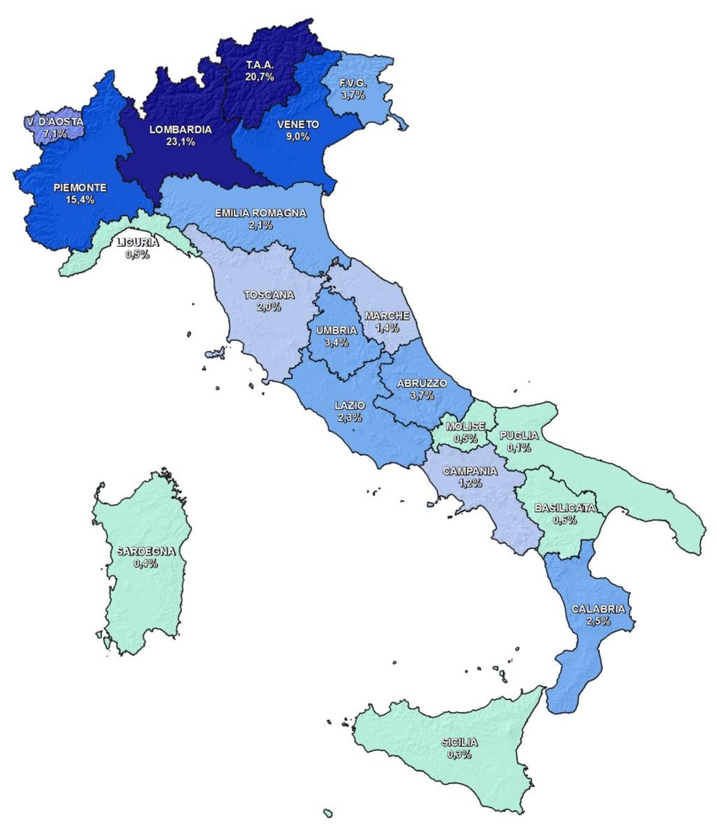 3.4.10. Distribuzione regionale della produzione idroelettrica nel 2016 Produzione in ITALIA: 42.