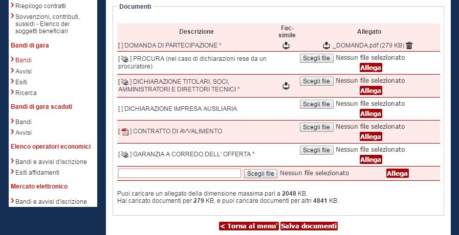 ) Viene visualizzato il nome del file caricato e la dimensione. Cliccando l icona o sul nome è possibile farne il download.