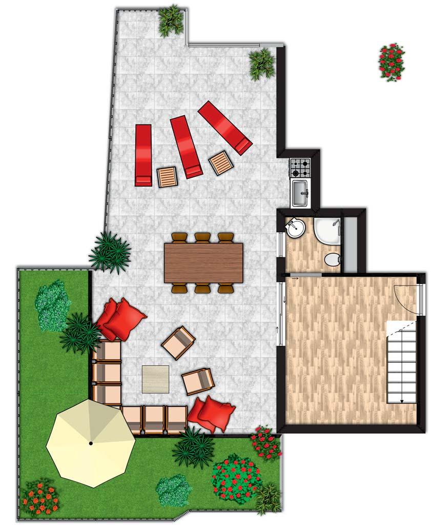 Attico Int. 24: appartamento di 88 mq interni, 80 mq di terrazzi e giardino pensile di 30 mq posto al sesto e settimo piano con esposizione Sud- Ovest.