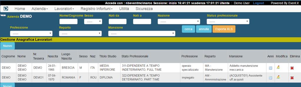 Lavoratori La voce [Lavoratori], nel menù principale, accede all elenco