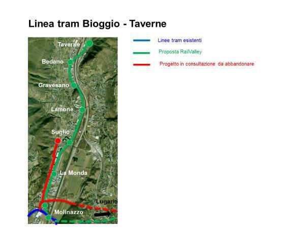 Tram Bioggio - Taverne L immagine che segue sintetizza la proposta di RailValley di una linea tram/treno Bioggio Taverne, realizzabile in tempi molto brevi e facendo capo a finanziamenti già