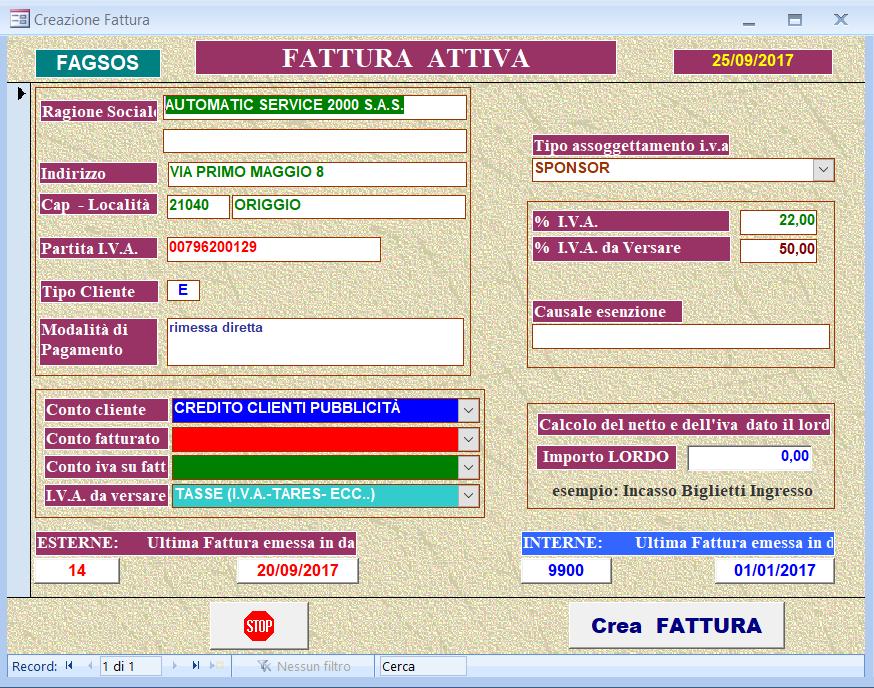 CODICE = Codice di 4 caratteri che identifica il cliente. DATI ANGRAFICI = Ragione Sociale 1 e 2, Indirizzo, Cap, Località, Partita iva, Codice Fiscale. TIPO ASS. I.V.A. = Tipo di assoggettamento i.v.a. che individua il tipo di assoggettamento iva e la colonna del registro minimi MODALITA DI PAGAMENTO = Da Scegliere tra quelle già codificate nella relativa tabella.