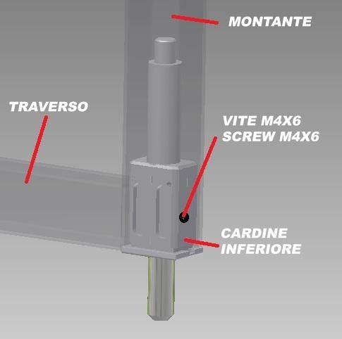 Il cardine superiore si distingue per la fresatura presente sul puntale, e per il foro trasversale presente nella parte inferiore del perno.