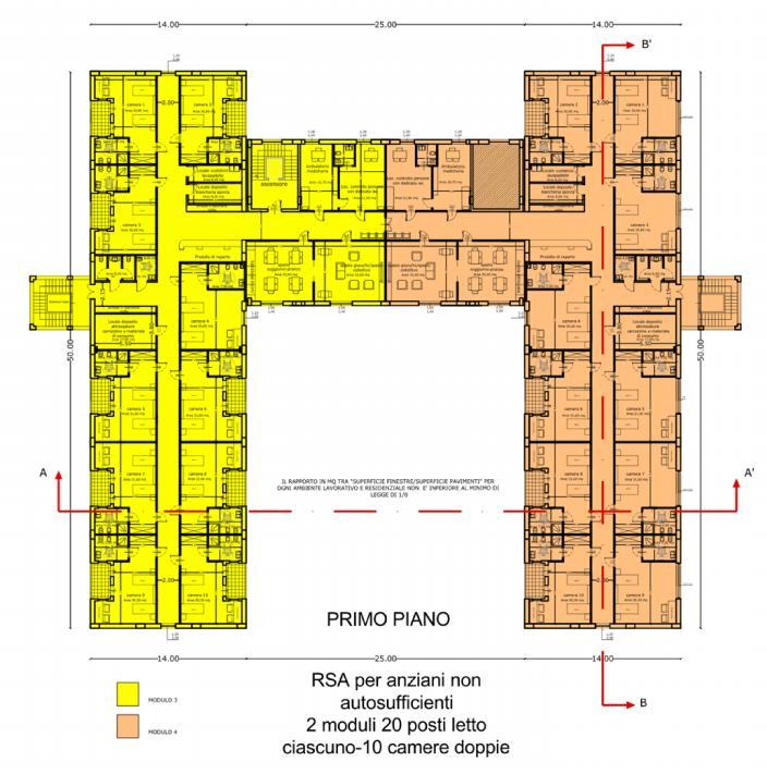 Le residenze sanitarie assistenziali - RSA La SCIA per la realizzazione della RSA Al primo piano vi è l'area destinata alla residenzialità: ogni piano è suddiviso in due moduli da 20 posti letto
