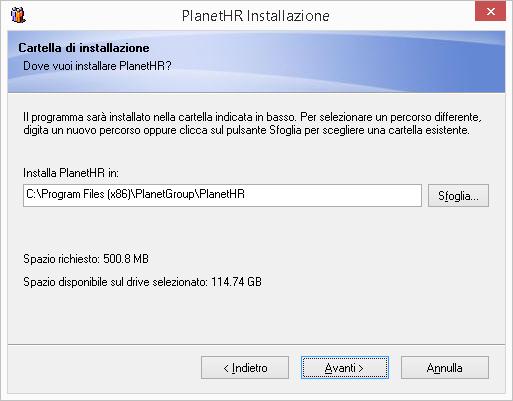 Planet HR: note per l aggiornamento e l installazione (Pagina 5:9) (Segue) Guida all installazione Cliccando Avanti viene proposta la cartella di default nella quale saranno copiati i file di Planet