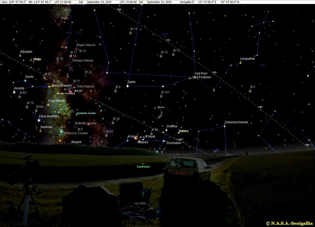 4 minuti-luce) sovrastato da una sottilissima falce lunare (mag. -3.2, fase 5.1%, crescente, dist. 1.