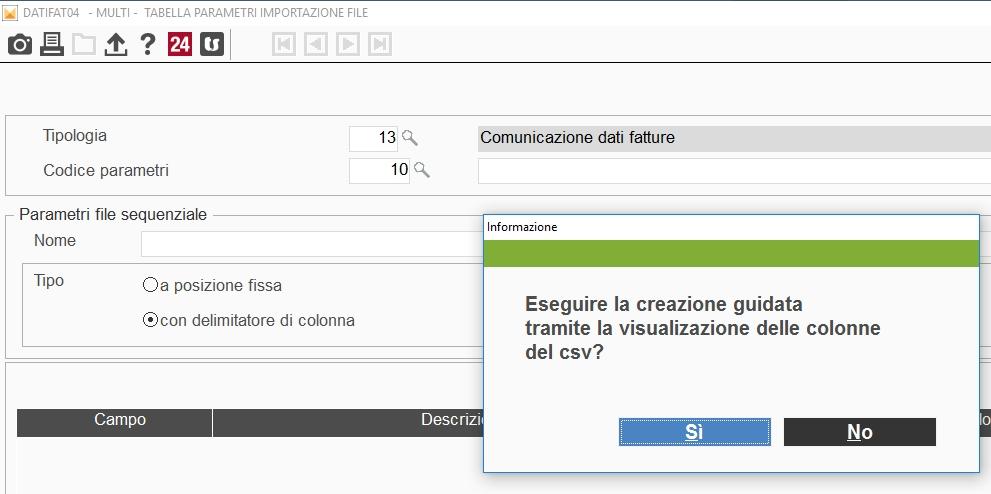 DATIFAT02: Esportazione csv Dati fattura Permette di esportare i dati presenti nella comunicazione