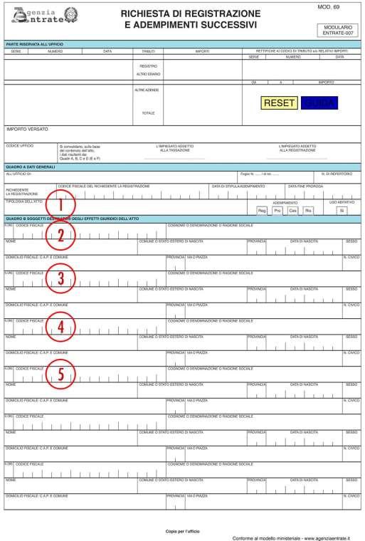 Campo 4 "Causale": Inserire la sigla RP; Campo 5 "Codice Tributo": 109T; "Descrizione": Imposta di registro per atti; "Importo": 200,00; Campo 6: Inserire in lettere l'importo; Campo 7: Firma del