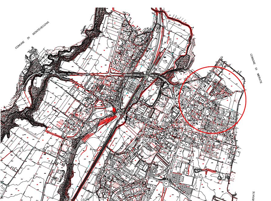 2. RELAZIONE ILLUSTRATIVA 2.1 Inquadramento territoriale, stato di fatto e criticità L area di intervento (cerchiata in rosso) è compresa tra i seguenti assi viari: a Sud via Papa Giovanni XXIII (S.P. n.