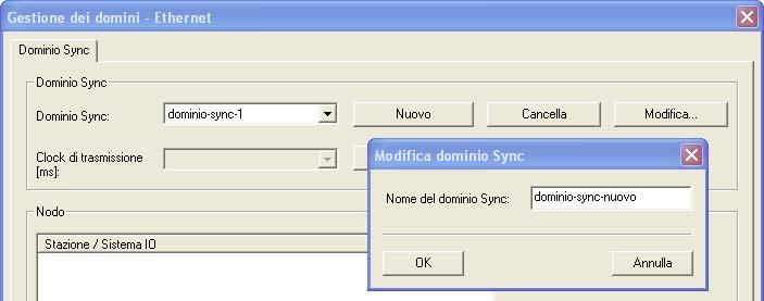 Verrà creato un ulteriore dominio Sync con il nome "sync-domain-1" predefinito da STEP 7. 2. Se necessario, modificare il nome del dominio Sync. Fare clic sul pulsante "Modifica".