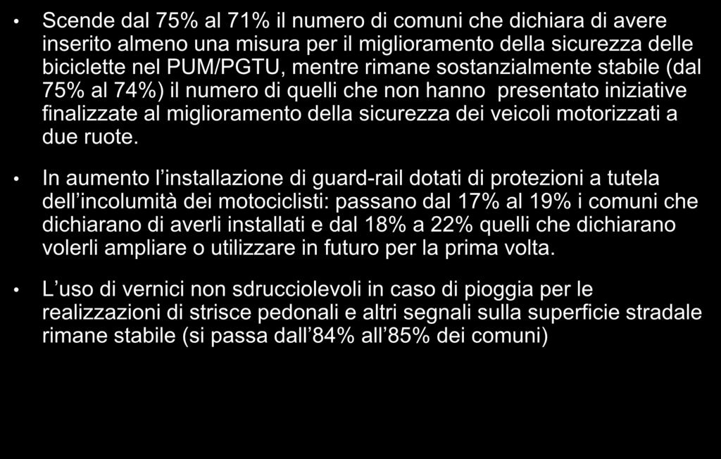 Principali trend 2015-2016 Scende dal 75% al 71% il numero di comuni che dichiara di avere inserito almeno una misura per il miglioramento della sicurezza delle biciclette nel PUM/PGTU, mentre rimane