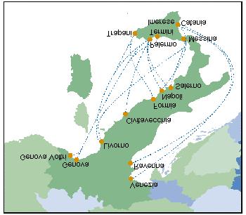 Figura 2.1 Trasporto combinato strada-mare: collegamenti attivi al settembre 2004. Fonte: Short Sea Shipping, Ufficio di promozione Italia.