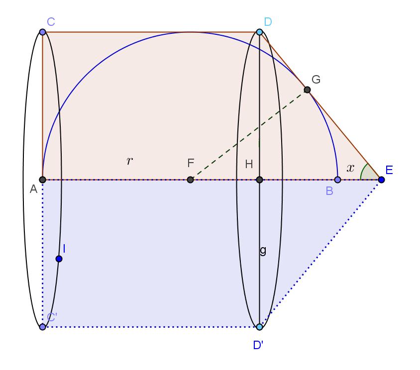 Il solido richiesto è formato dal cilindro con raggio di base ACAFr e altezza AH e dal cono con raggio di base DHr e altezza HE.