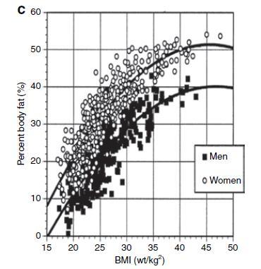 Men and women do not have the same percentage of body fat at similar levels of BMI.