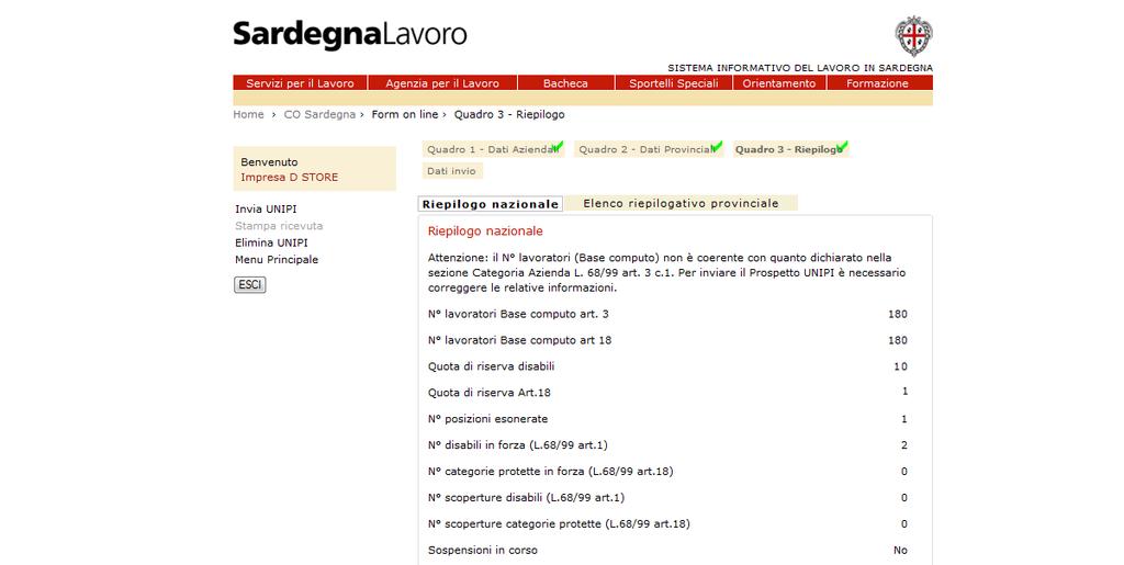 1.2.3.1 Sezione Riepilogo nazionale Alla sezione si accede selezionando la sezione Quadro 3 - Riepilogo (cfr. Figura 22).