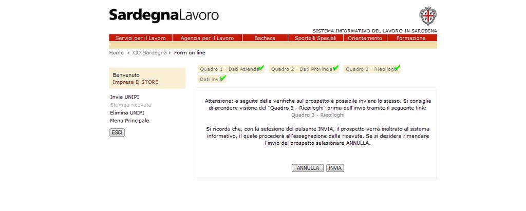 Figura 28: "Messaggio di conferma invio Prospetto Informativo" Sotto il messaggio di conferma sono presenti due pulsanti: ANNULLA, che se selezionato interrompe la