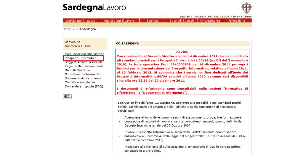Figura 4: Link Prospetto Informativo Nella maschera sono presenti i menù di accesso ai servizi di CO Sardegna.