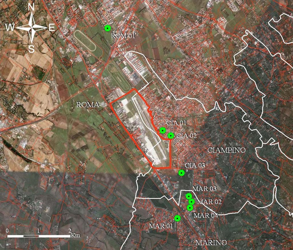 Figura 1 Localizzazione centraline di monitoraggio e confini comunali.