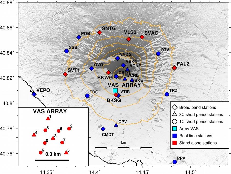 Il monitoraggio sismico del Vesuvio La sismicità del Vesuvio attualmente viene monitorata da una rete sismica locale di circa 25 stazioni e un array sismico di stazioni a corto periodo chiamato VAS.