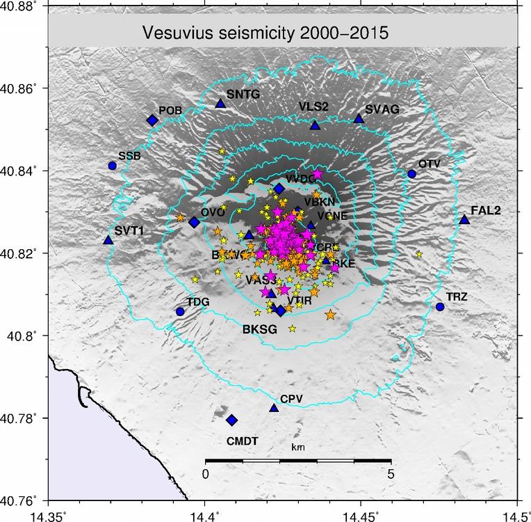 Terremoti VT del Vesuvio Durante gli ultimi decenni l'attività sismica del Vesuvio è stata abbastanza bassa, con poche centinaia di eventi ogni anno.