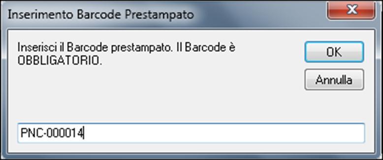 In entrambi i casi, al salvataggio, comparirà una finestra in attesa del barcode prestampato che si vuole utilizzare.