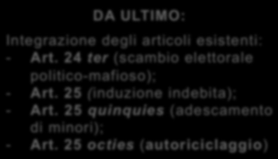 25 (induzione indebita); - Art. 25 quinquies (adescamento di minori); - Art. 25 octies (autoriciclaggio) L. 228/2003 Delitti contro la personalità individuale (art. 25 bis) L.