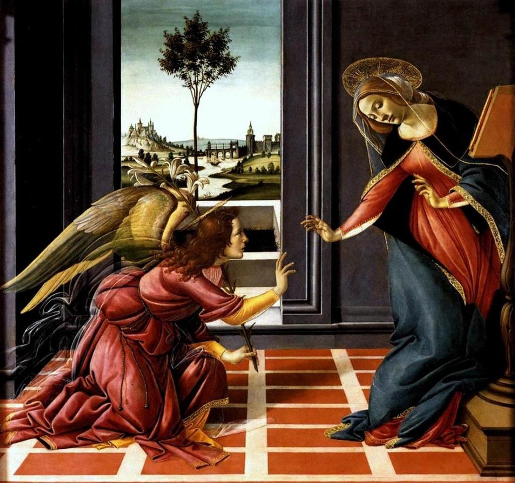 In questo dipinto il riquadro di una porta (come nella celebre Annunciazione di Botticelli agli Uffizi) o lo sfondo di un