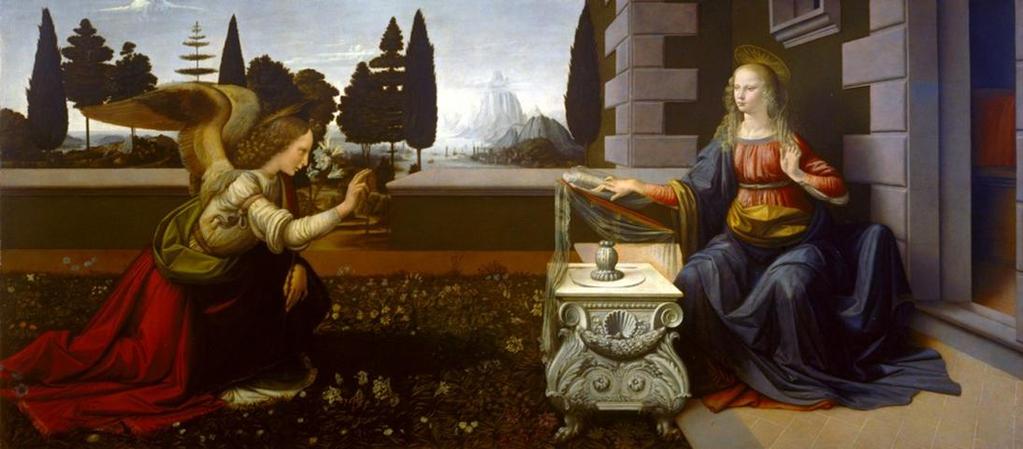 Leonardo da Vinci «Annunciazione» Il LEGGIO e il LIBRO, introdotti nell iconografia fin dall XI secolo, sono chiari riferimenti alla preghiera ed al raccoglimento, che hanno preparato Maria alla