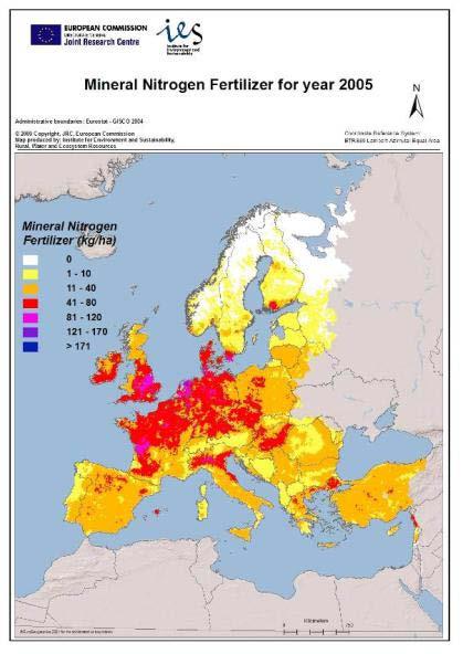 Uso di azoto da concimi minerali L azoto da fertilizzanti minerali applicato al suolo è aumentato del 6% in EU 27 (11,4 milioni