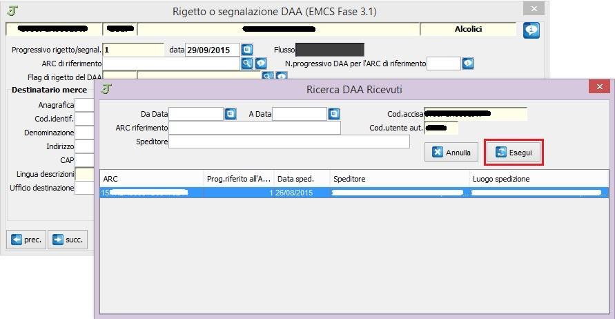 Cliccare sulla lente di ingrandimento accanto al campo ARC per ricercare il numero del documento da gestire cliccare su Esegui per visualizzare la lista e