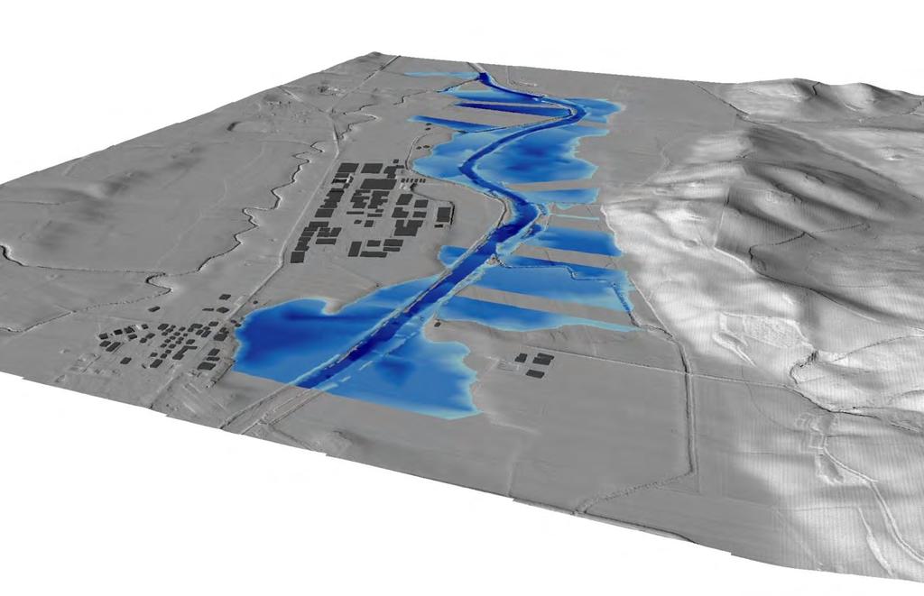 Fig.11.12 DEM del tratto in esame con evidenziazione delle aree esondabili con Tr = 50 anni PARAMETRI E RISULTATI DELLA MODELLAZIONE Portata di progetto (Tr = 50yrs): 560.4 m 3 /sec n.