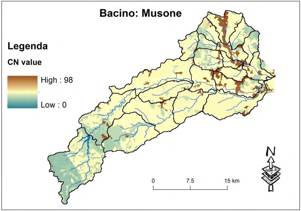 Fig.3.6 - Bacino del Musone: carta del Curve Number Kirpich Ventura Pezzoli Tournon Puglisi Viparelli Tempo di corrivazione (T c - medio) Fig.3.7 - Tempo di corrivazione (in ore) dei diversi sottobacini calcolato con differenti metodi (h) Subbasin 3.