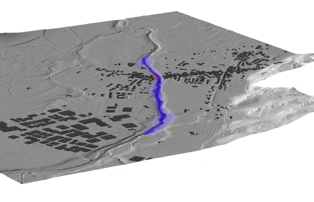 Fig.9.12 DTM del tratto analizzato con evidenziazione delle aree esondabili PARAMETRI E RISULTATI DELLA MODELLAZIONE Portata di progetto (Tr = 50yrs): 290.3 m 3 /sec n.