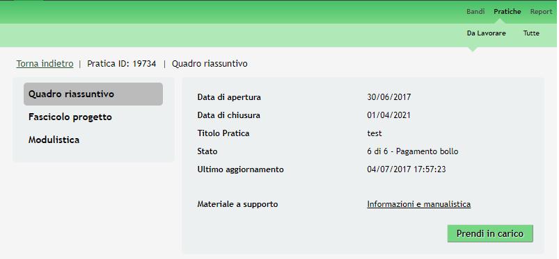 Figura 44 Quadro Riassuntivo Prendi in carico Fascicolo progetto: