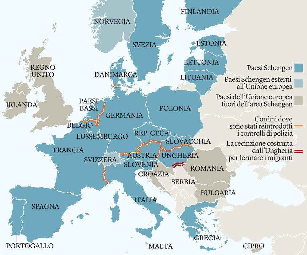 POLITICHE MIGRATORIE - SCHENGEN Zona di libera circolazione delle persone (controlli aboliti) 26 paesi (22 membri e 4 no), Irlanda e regno unito non hanno aderito In vigore dal 1985, prima