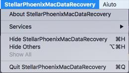 Menu StellarPhoenixMacDataRecovery About StellarPhoenixMacDataRecovery Usare questa opzione per leggere le informazioni su Stellar Phoenix Mac Data Recovery.