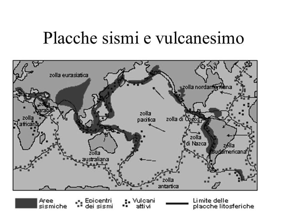 Fig. 7 - Distribuzione delle principali aree sismiche e dei vulcani attivi in relazione alla configurazione a placche del pianeta Terra.