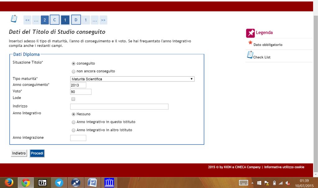 17. Inserisci il flag su "Conseguito" (oppure su "non conseguito" se stai acquisendo il titolo nel corrente anno scolastico 2014/2015).