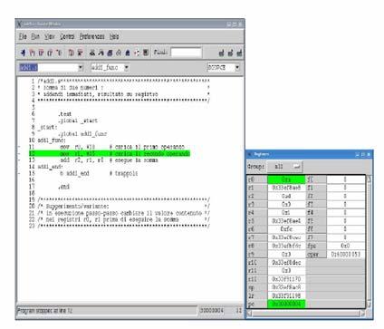 Eseguire il programma (2 di 2) E possibile visualizzare lo stato del processore Samsung tramite il comando View->Registers La finestra evidenziera il contenuto dei registri e le modifiche conseguenti