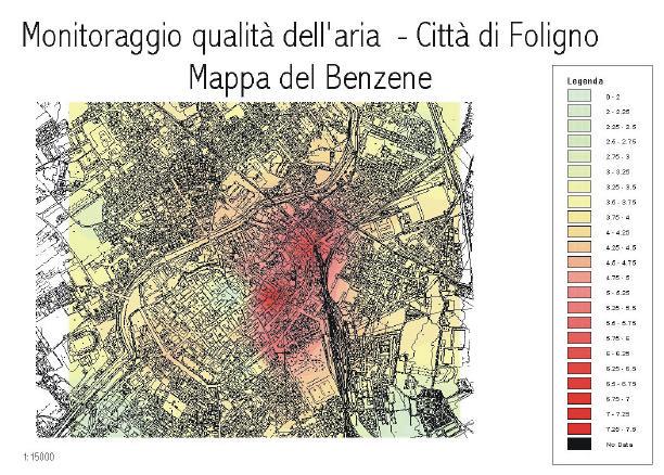 Di seguito si riporta la mappatura del Benzene della Città di Foligno eseguita per interpolazione lineare dei valori rilevati attraverso i campionamenti passivi nelle undici postazioni e con