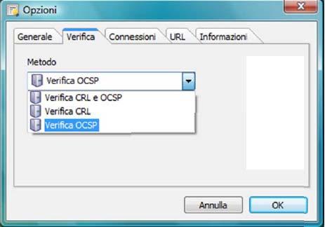 Premendo sul menù Verifica si aprirà la seguente schermata: Di default è attivata la funzione Verifica CRL e OCSP.