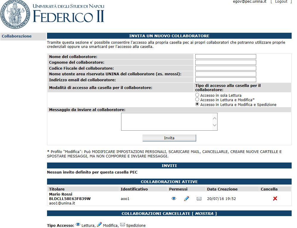 Il titolare della casella a questo punto visualizza la collaborazione come attiva.