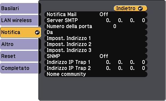 Impostzioni di rete del proiettore - Menu Rete 118 Impostzione Opzioni Descrizione Impostzioni IPv6 IPv6 Selezionre le impostzioni IPv6 se si desider collegre il proiettore ll rete trmite IPv6: IPv6: