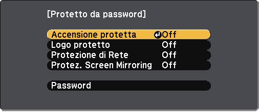 Funzioni di sicurezz del proiettore 78 b c d Selezionre il menu Pssword e premere [Enter]. Verrà visulizzto "Vuoi cmbire l pssword?". Selezionre Sì e premere [Enter].