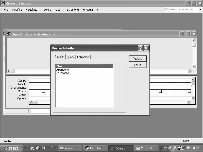 Creazione di query 1. creazione in modo guidato 3. Successivamente viene richiesto di inserire i campi di una o più tabelle che devono comparire nella query. 4.