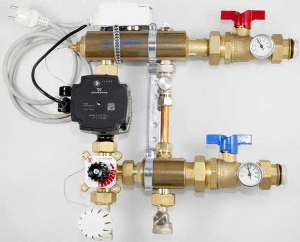 DESCRIZIONE Kit di miscelazione termostatica a punto fisso completo di Valvola termostatica con sensore a distanza, Pompa di rilancio (ErP Ready - 641/2009/EC - 622/2012/EC) e detentore di