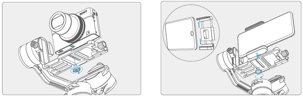 Esempio: Fotocamera Sony Montare la fotocamera sulla piastra a sgancio rapido e utilizzare la vite per fissarla sfruttando il foro presente sulla piastra a sgancio rapido.