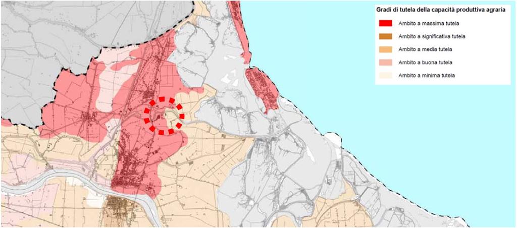 PTCP Rovigo estratto Tavola Tutele agronomiche e ambientali L area di deposito delle terre da scavo interessa un ambito a minima tutela della capacità produttiva agraria, mentre l area di evoluzione