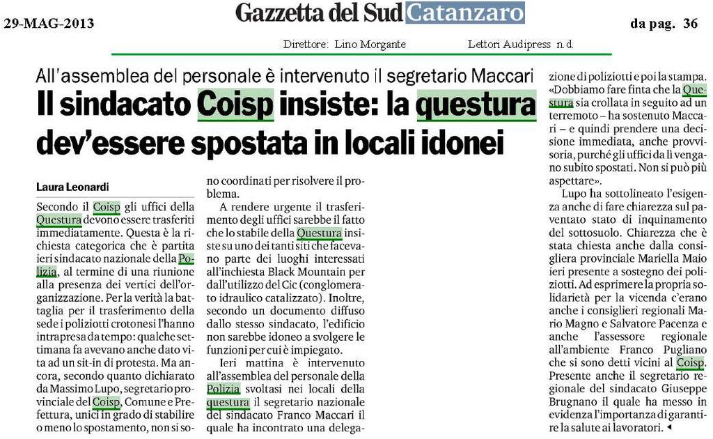 CRONACA / Il Segretario Generale del Coisp domani in Calabria.
